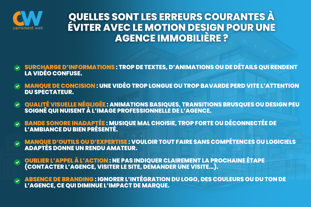 Quelles sont les erreurs courantes à éviter avec le motion design pour une agence immobilière - Article par Carrément Web