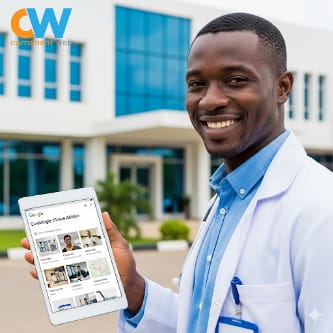 Un médecin africain souriant en blouse blanche tenant une tablette affichant des résultats de recherche Google pour 'clinique cardiologie Abidjan', avec une clinique moderne en arrière-plan.