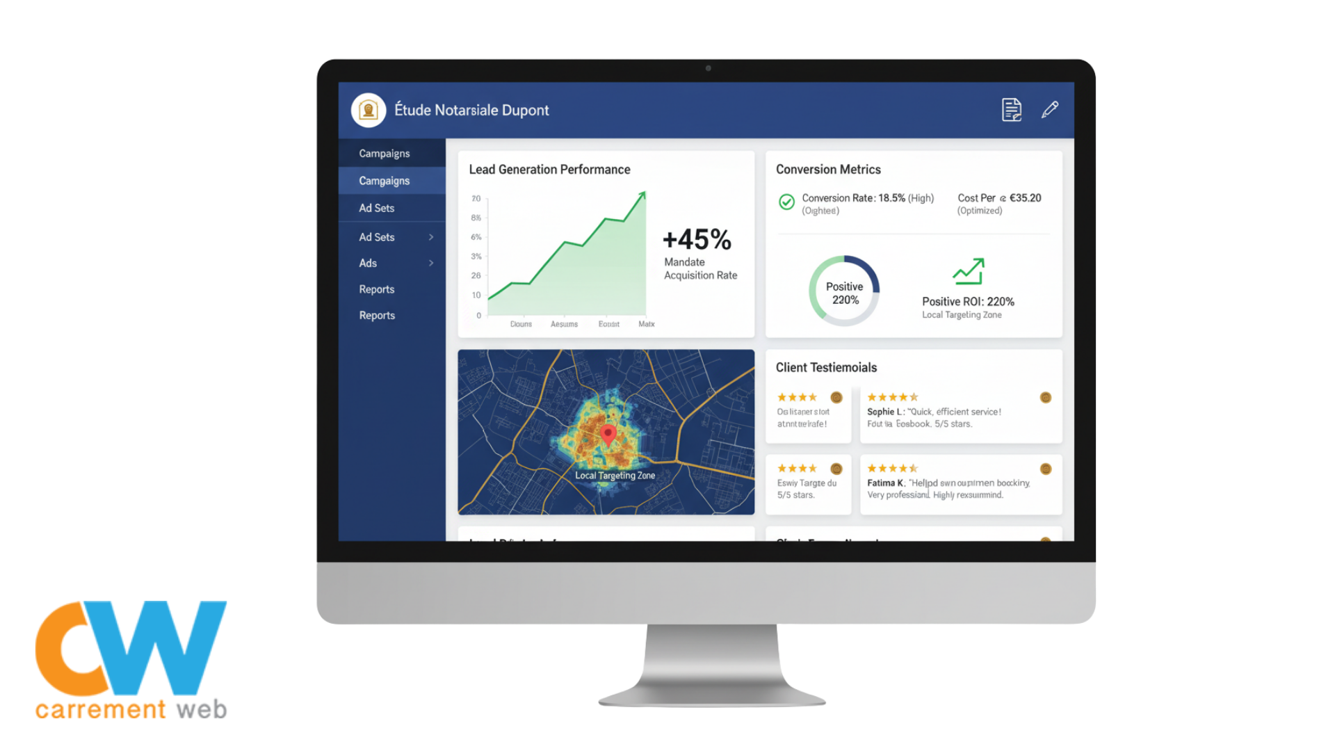 Tableau de performance Facebook Ads pour mandats notariaux : taux de conversion de 18,5%, ROI de 220% et +45% d'acquisition de mandats grâce à la méthode Carrément Web