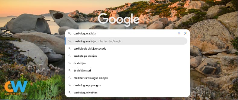 Capture d'écran des suggestions Google pour "cardiologue abidjan" montrant la demande des patients